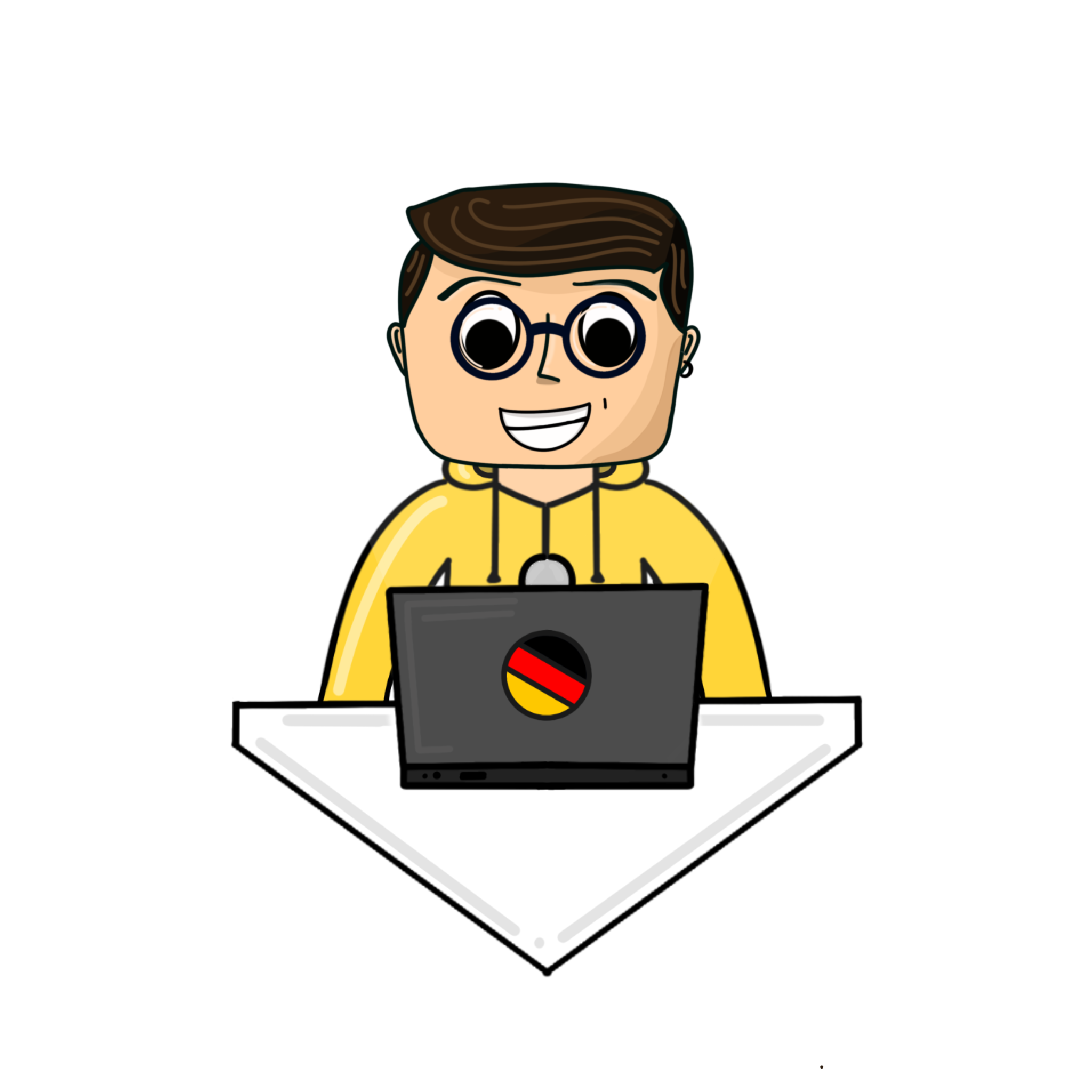 Emoji profesor alemán con ordenador. Colores amarillo, rojo, negro y blanco.